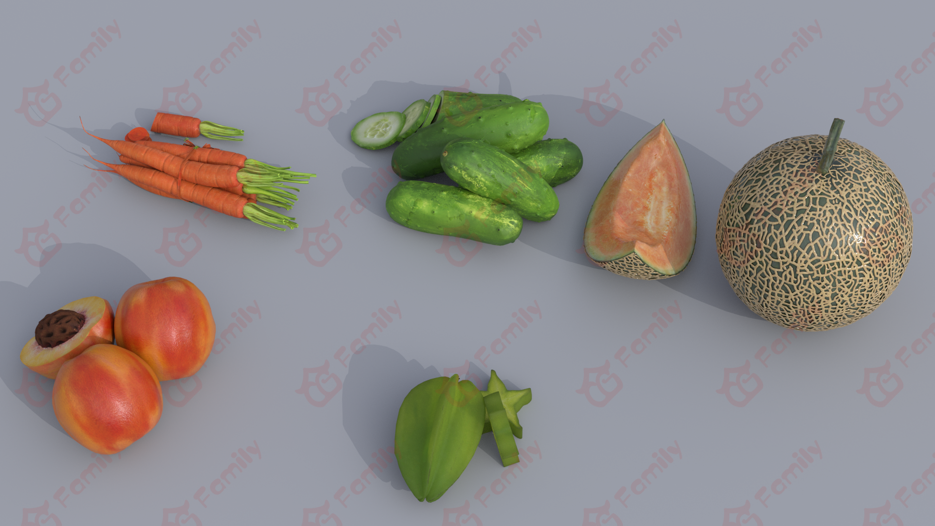 胡萝卜_黄瓜_哈密瓜_桃子_杨桃_水果蔬菜3D模型免费下载