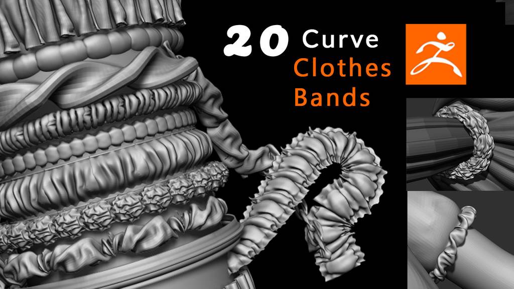 Zbrush衣服带子曲线笔刷 20 Clothes Bands Curve Brushes