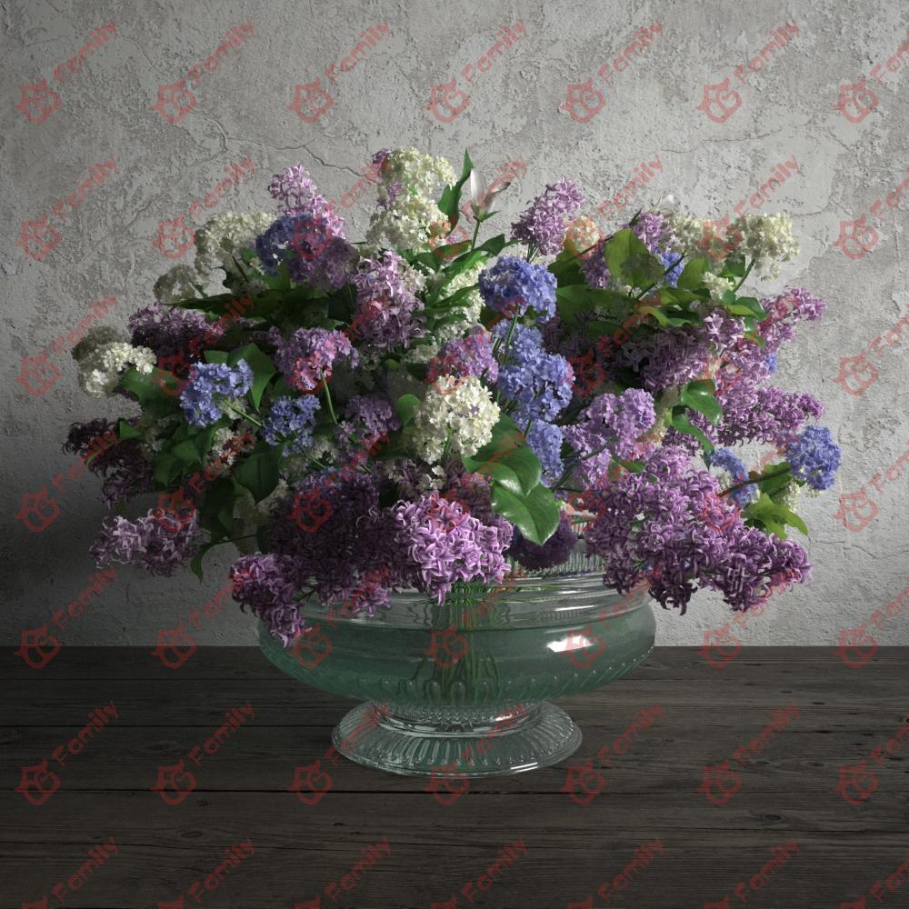 丁香花蓝色白色紫色花高精度花卉盆栽室内植物装饰3D模型材质05