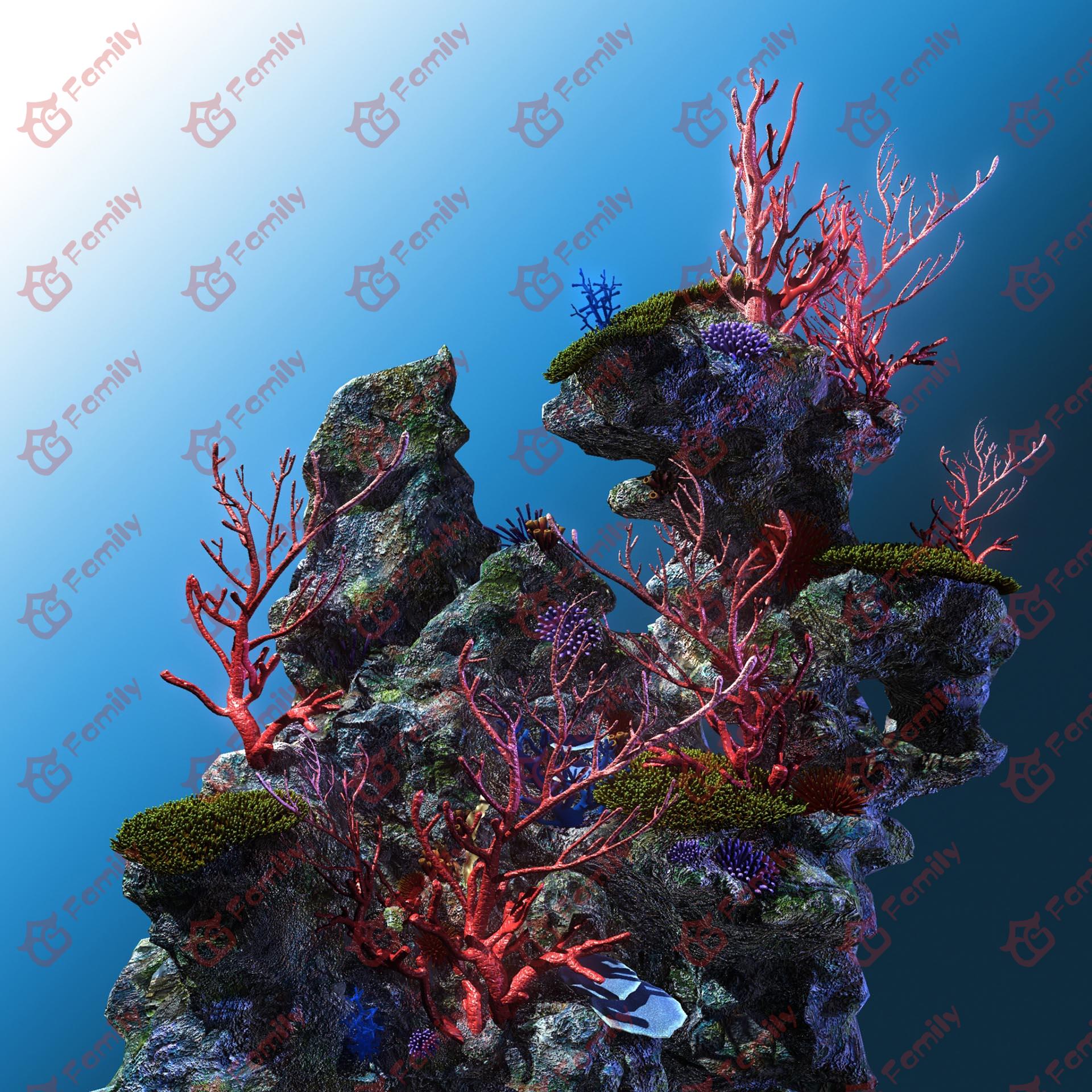 三种海底长满植物的礁石模型下载