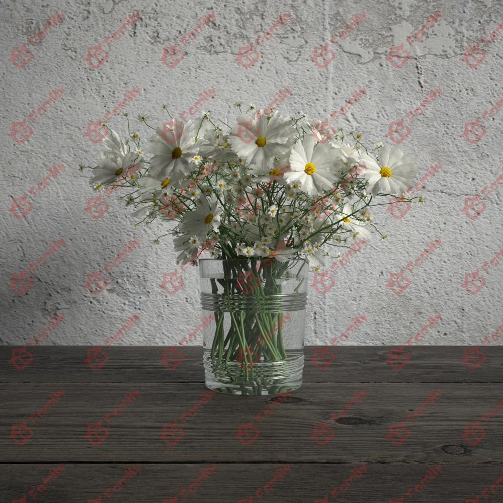 雏菊小白花花瓶高精度花卉盆栽室内植物装饰3D模型内含材质贴图02