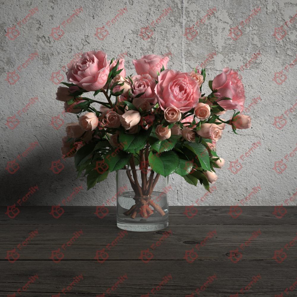 粉红色玫瑰花高精度花卉盆花瓶栽室内植物装饰3D模型材质08