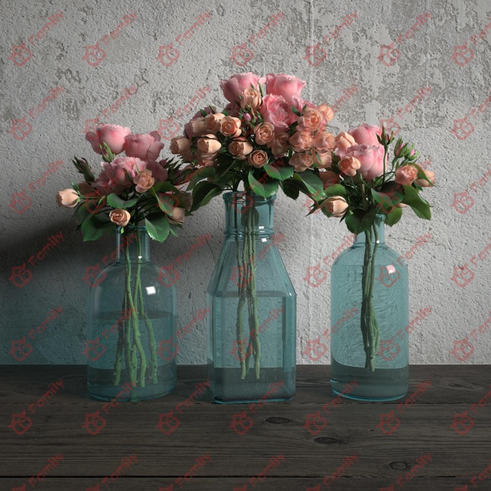 粉红色玫瑰花高精度花卉盆花瓶栽室内植物装饰3D模型材质09