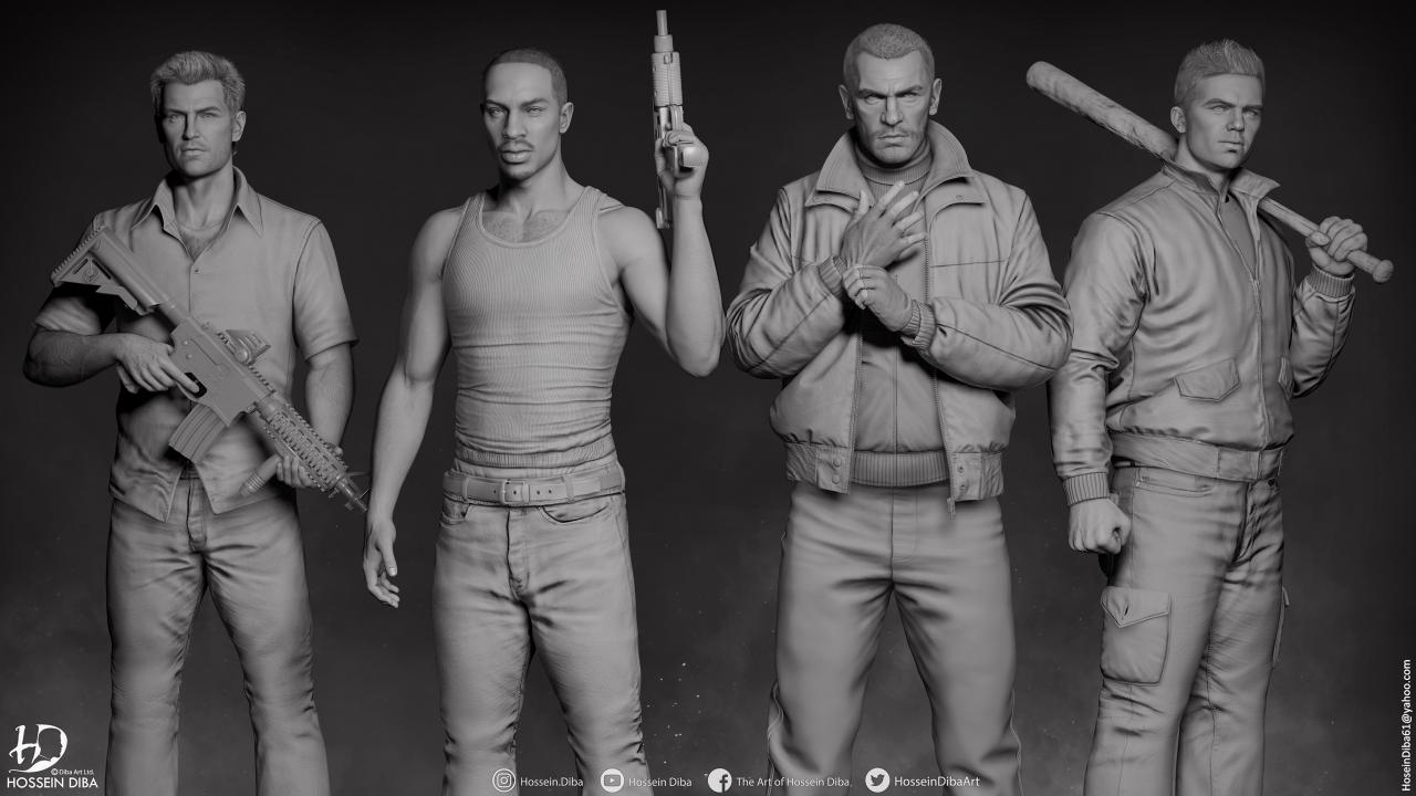 GTA系列（即时）中的Claude，Tommy Vercetti，Carl Johnson和Niko Bellic的3D模型